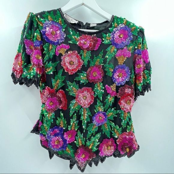 Laurence Kazar Beaded Pink Black and Purple Silk Floral Top, size Large - Picture 1 of 7